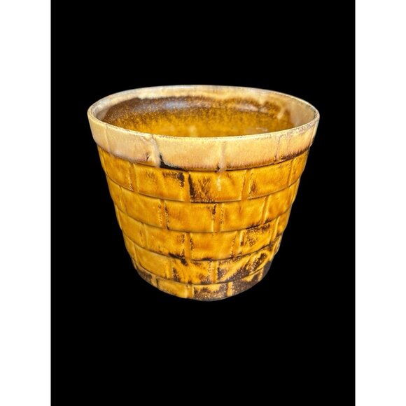 Vintage 1970s Ceramic Gold Drip Glaze Basket Style Planter Pot 6" Marked - Picture 5 of 12